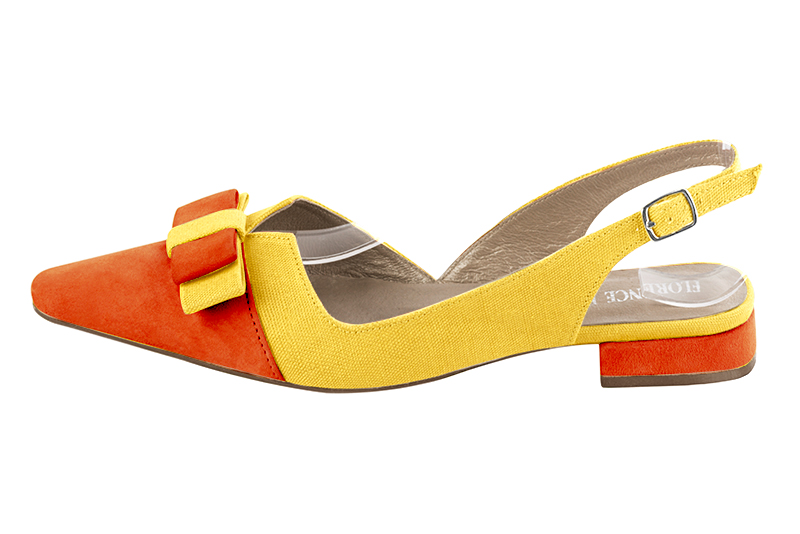 Clementine orange and yellow women's open back shoes, with a knot. Tapered toe. Flat block heels. Profile view - Florence KOOIJMAN